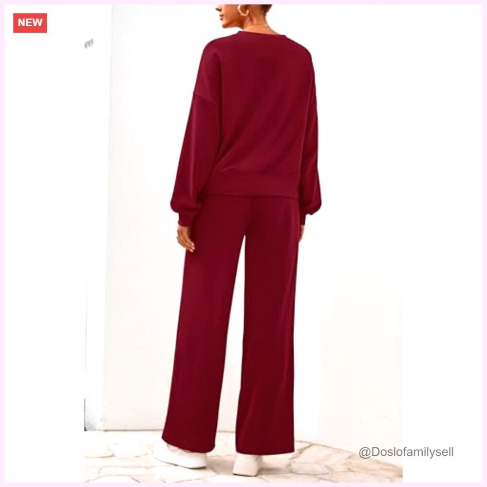 Women's 2-Piece Sweatsuit Set, Crewneck Sweatshirt & Wide Leg Sweatpants, Loose - Picture 5 of 7